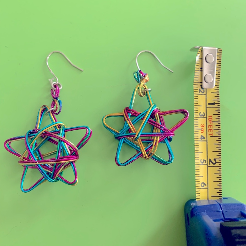Wire Star 3D Earrings Colorful Wearable Art Dangle Artsy Whimsical - Picture 3 of 3